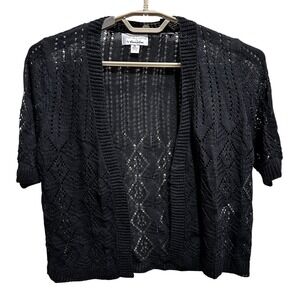 Signature Robbie Bee Size PL Black Crochet Knit Open Front Short Sleeve Cardigan